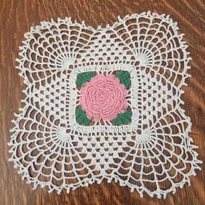 Vintage Mid Century Handmade Crocheted 3D Pink Rose Doily 12 x 12